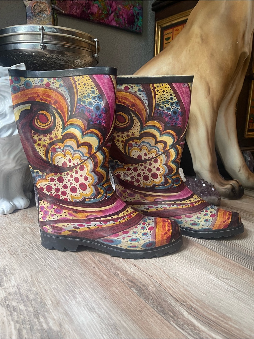West Blvd Multicolor Swirl Pattern Rain Boots - Pink, Yellow, Burgundy - Picture 2 of 5